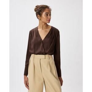 Quince Washable Stretch Silk Surplice Bodysuit Hot Fudge XS